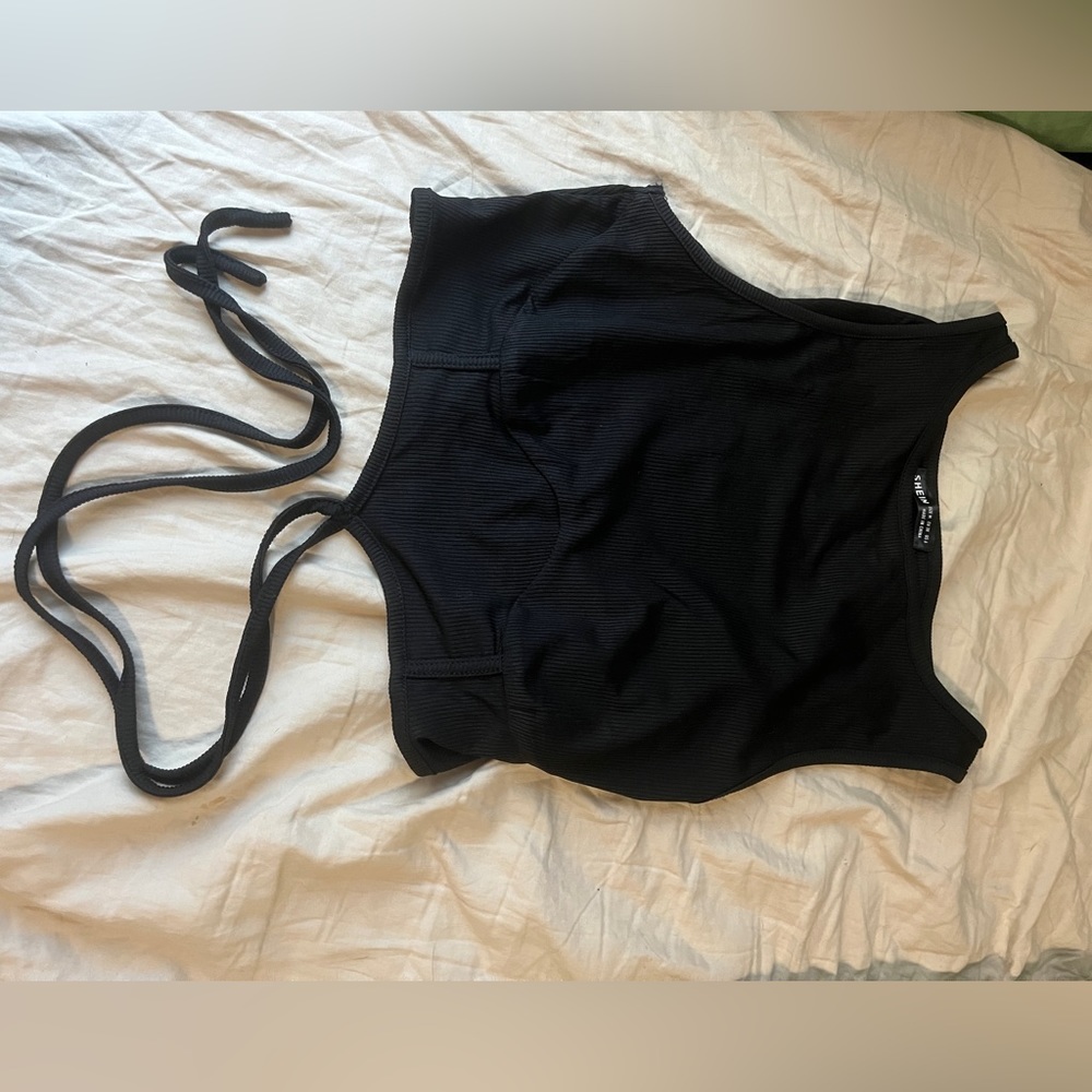 Black corset looking cropped tank with waist tie